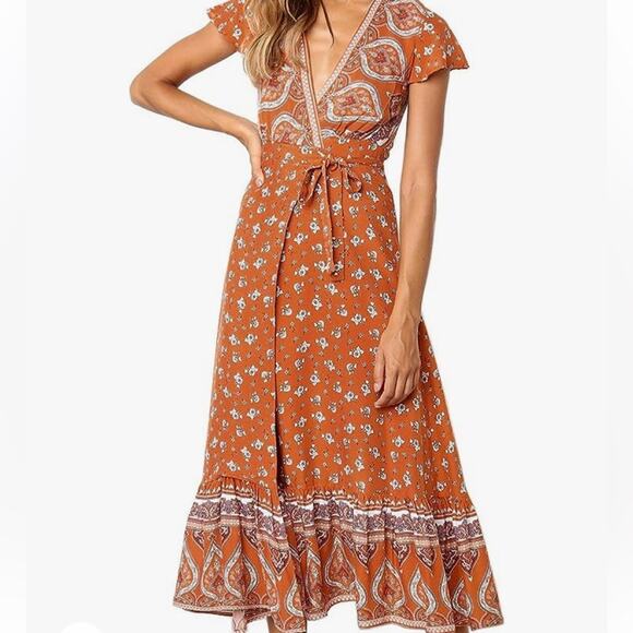 Medium Fall Maxi Dress Long Boho Medium Wrap Dress Cottage Prairie Orange Dress - Picture 3 of 16